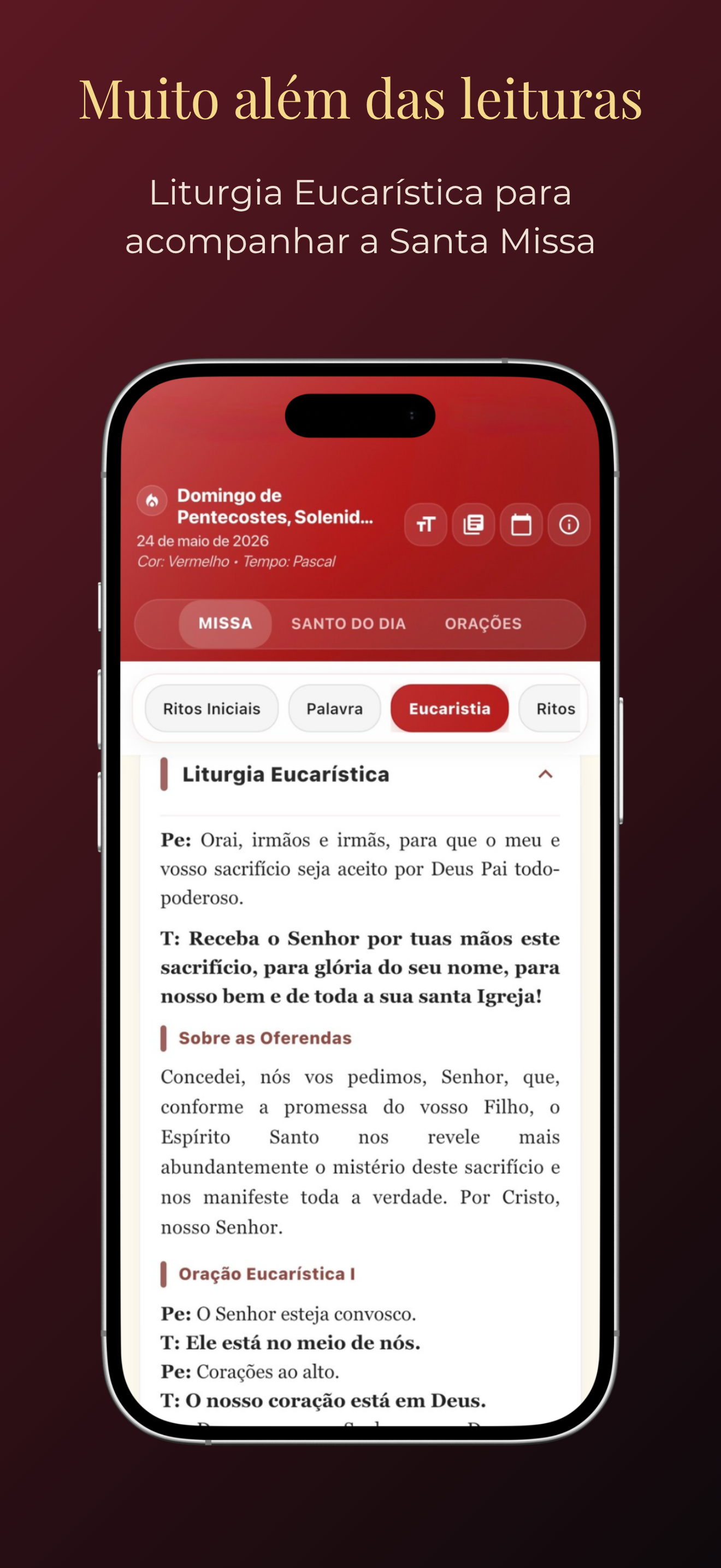 Tela do app mostrando a Liturgia Eucarística