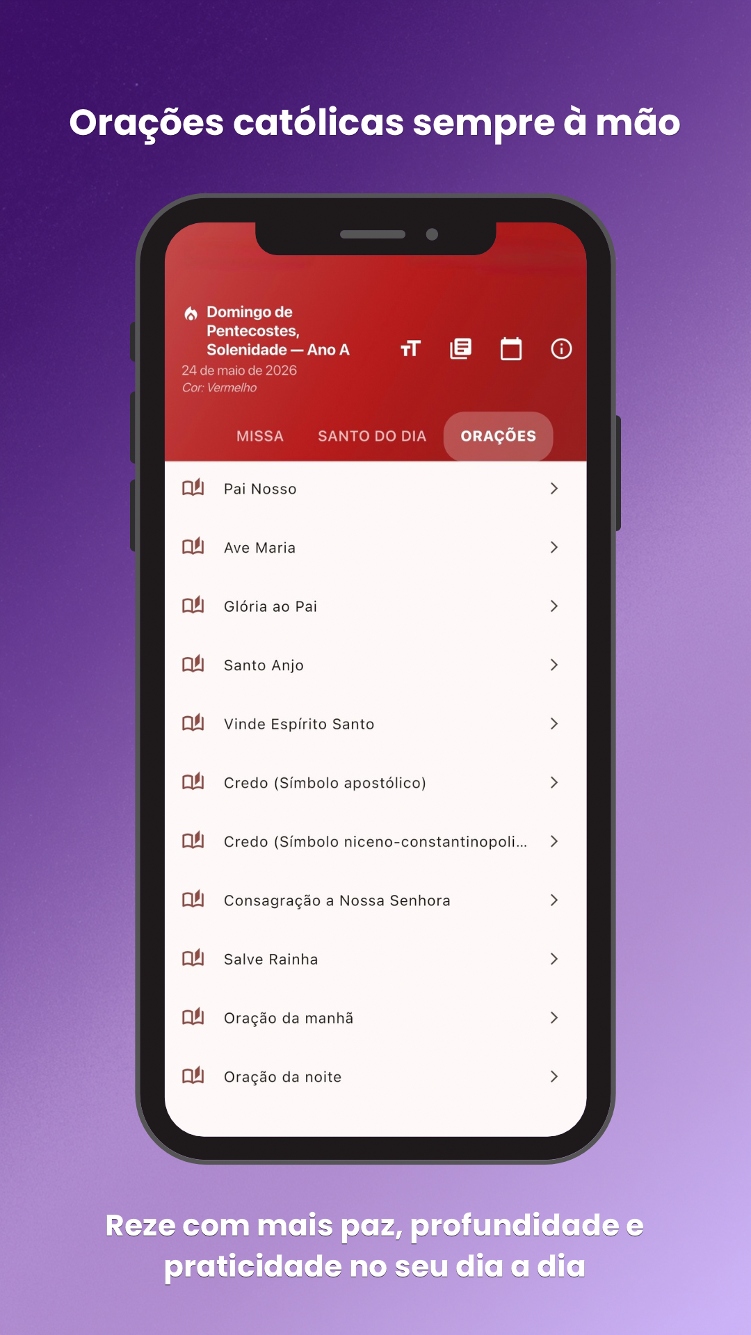 Tela da aba Orações do app